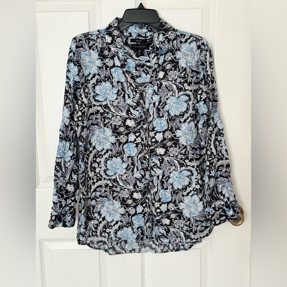 Tahari Women M Multic Floral Linen Button Blouse